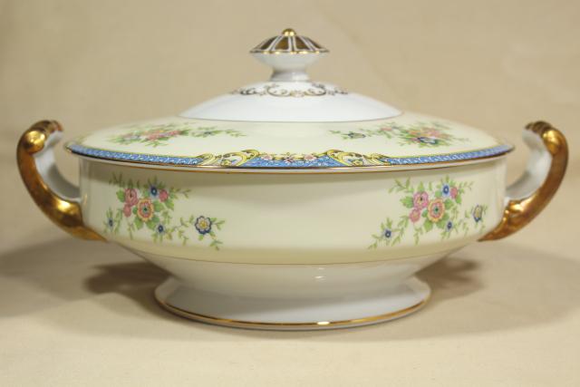 photo of 1930s vintage Noritake china covered dish or tureen, hand painted Azure pattern M mark #3