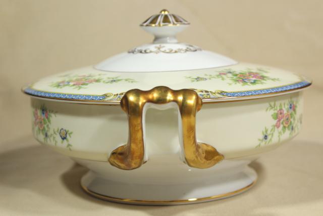 photo of 1930s vintage Noritake china covered dish or tureen, hand painted Azure pattern M mark #4