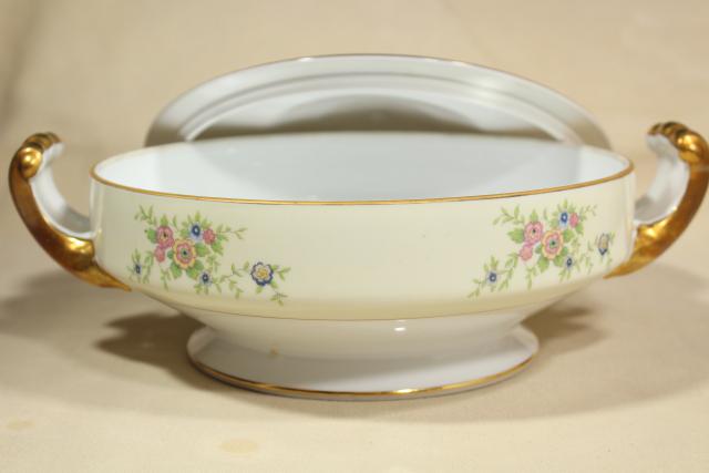 photo of 1930s vintage Noritake china covered dish or tureen, hand painted Azure pattern M mark #5