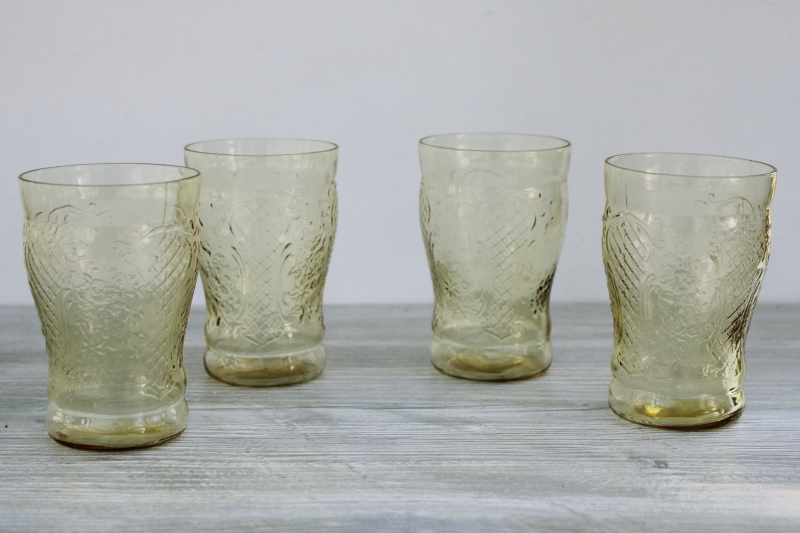 photo of 1930s vintage Normandie depression glass tumblers set of four, yellow amber glass #1