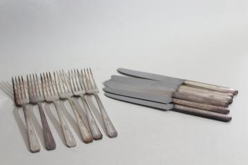 catalog photo of 1930s vintage Oneida Tudor plate silverware, Friendship - Medality pattern knives & forks