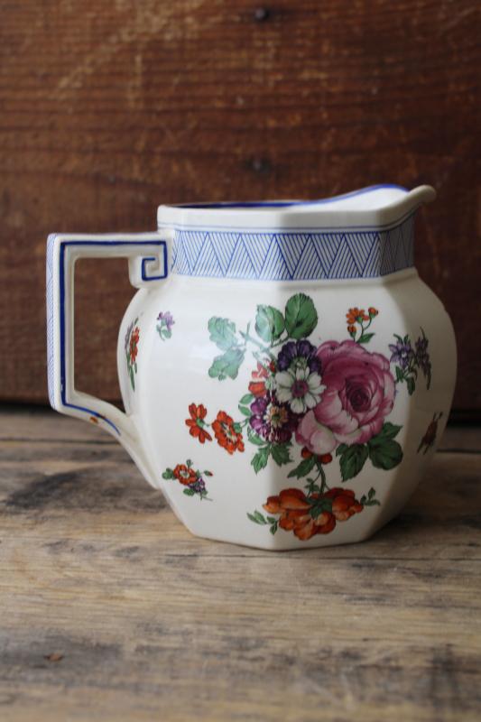 photo of 1930s vintage Royal Doulton milk jug, art deco geometric border floral bouquet pitcher  #7