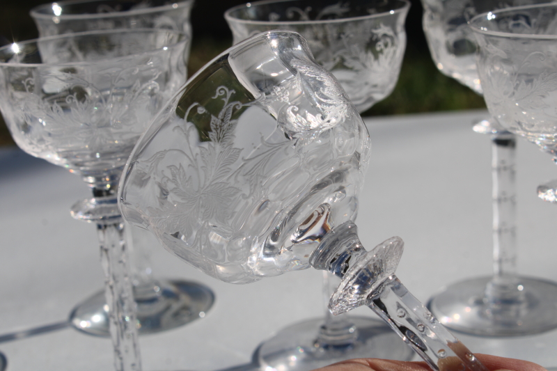 photo of 1930s vintage Tiffin etched glass cocktail glasses, Cadena pattern floral etch fancy stems #3