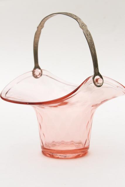 photo of 1930s vintage art deco glass brides basket w/ silver plated handle, pink depression glass #1