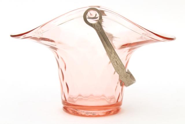 photo of 1930s vintage art deco glass brides basket w/ silver plated handle, pink depression glass #4