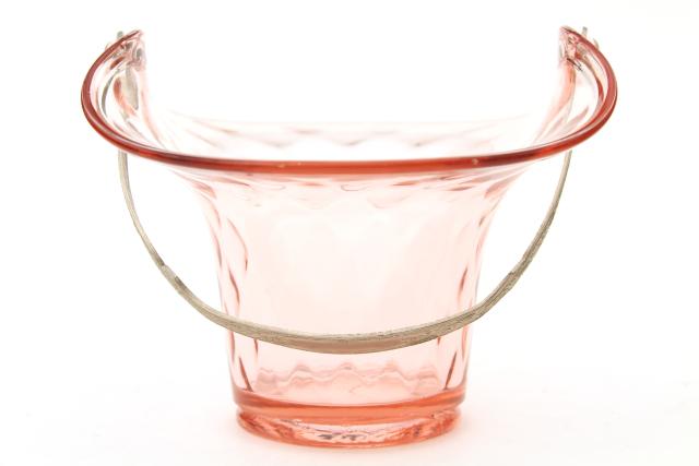 photo of 1930s vintage art deco glass brides basket w/ silver plated handle, pink depression glass #5