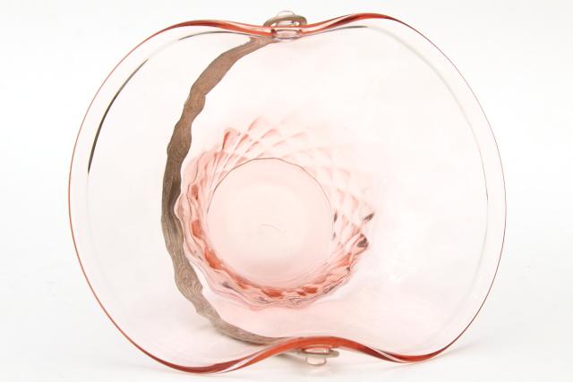 photo of 1930s vintage art deco glass brides basket w/ silver plated handle, pink depression glass #6