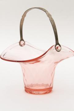 catalog photo of 1930s vintage art deco glass brides basket w/ silver plated handle, pink depression glass