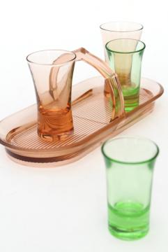 catalog photo of 1930s vintage art deco shot glasses and tray, pink & green depression glass