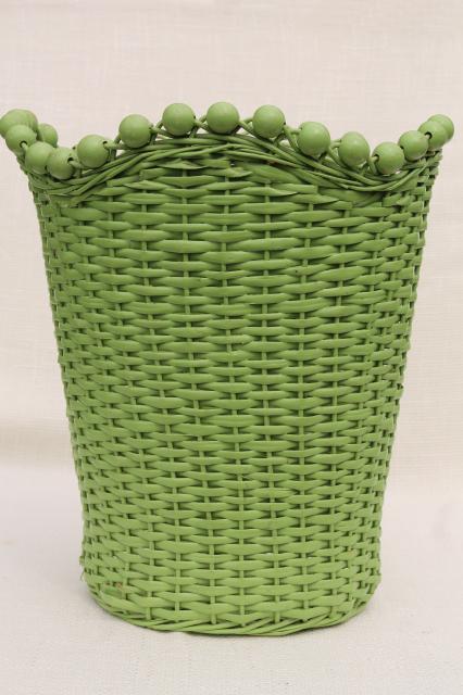 photo of 1930s vintage beaded wicker wastebasket w/ old jade green paint, shabby cottage chic #1