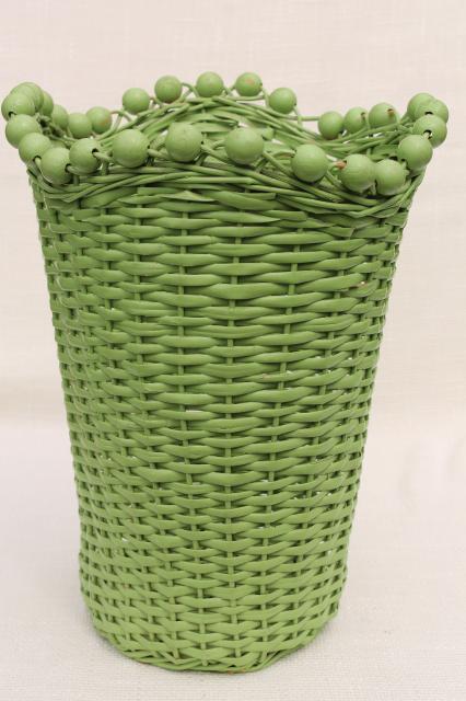 photo of 1930s vintage beaded wicker wastebasket w/ old jade green paint, shabby cottage chic #2