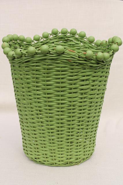 photo of 1930s vintage beaded wicker wastebasket w/ old jade green paint, shabby cottage chic #3