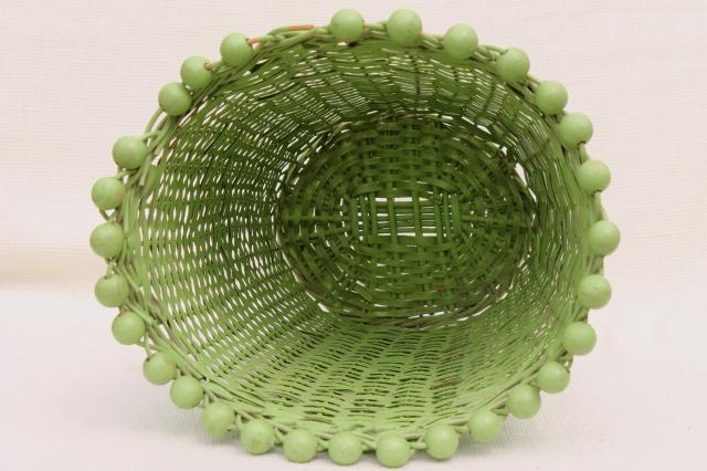 photo of 1930s vintage beaded wicker wastebasket w/ old jade green paint, shabby cottage chic #6