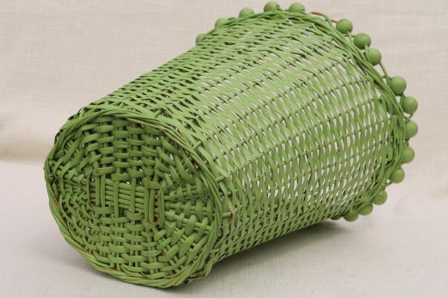 photo of 1930s vintage beaded wicker wastebasket w/ old jade green paint, shabby cottage chic #8