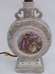 catalog photo of 1930s vintage boudoir lamp, old painted porcelain w/ dancing nymphs, Germany