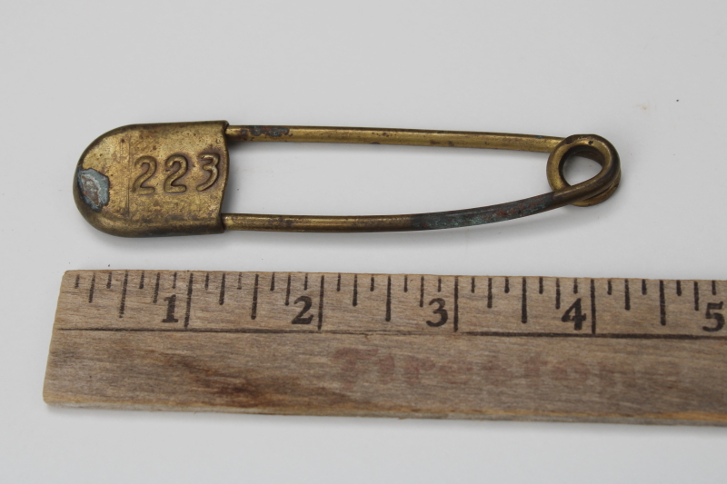 photo of 1930s vintage brass key tag, industrial style large safety pin w/ embossed number 223 #1