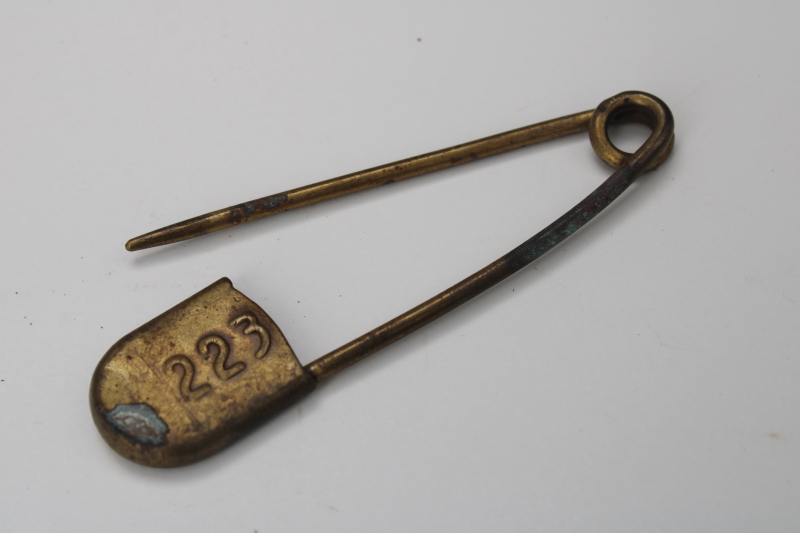 photo of 1930s vintage brass key tag, industrial style large safety pin w/ embossed number 223 #4