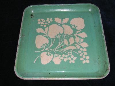 photo of 1930s vintage cameo tole tray, jadite green strawberries floral #1