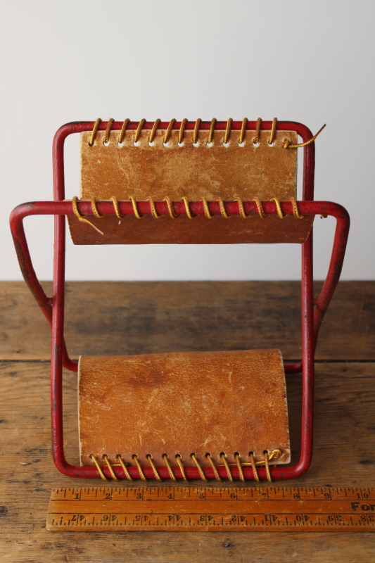 photo of 1930s vintage camp stool, sturdy folding seat heavy steel X frame w/ worn leather saddle  #2