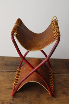 1930s vintage camp stool, sturdy folding seat heavy steel X frame w/ worn leather saddle 