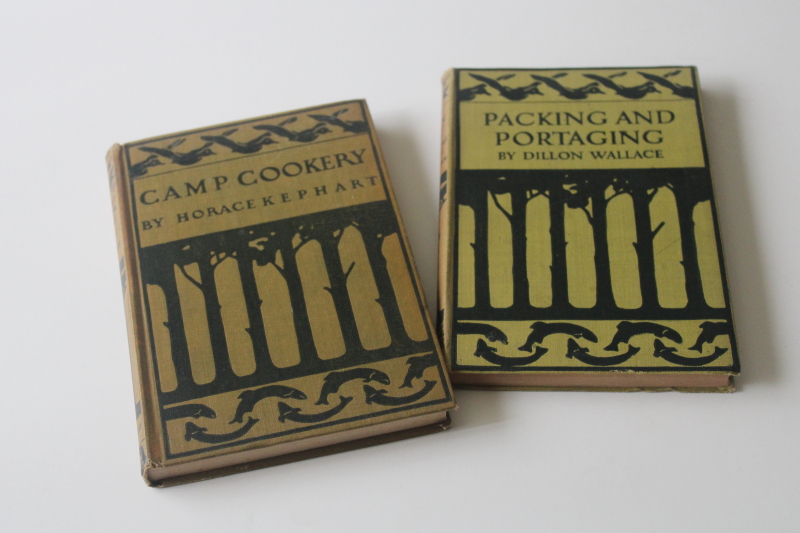 photo of 1930s vintage camping cookbook, canoe camp guide with rustic print black and green covers  #1