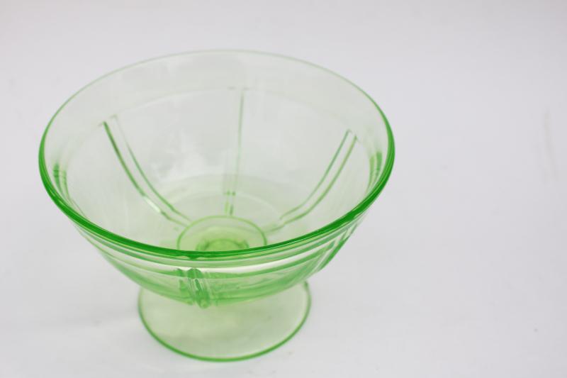 photo of 1930s vintage candy dish bowl, green depression glass, uranium glow under black light #3