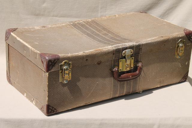 photo of 1930s vintage cardboard suitcase, shabby old depression era luggage, very rough #5