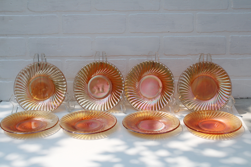 photo of 1930s vintage carnival glass, set of 8 small plates marigold iridescent luster #1