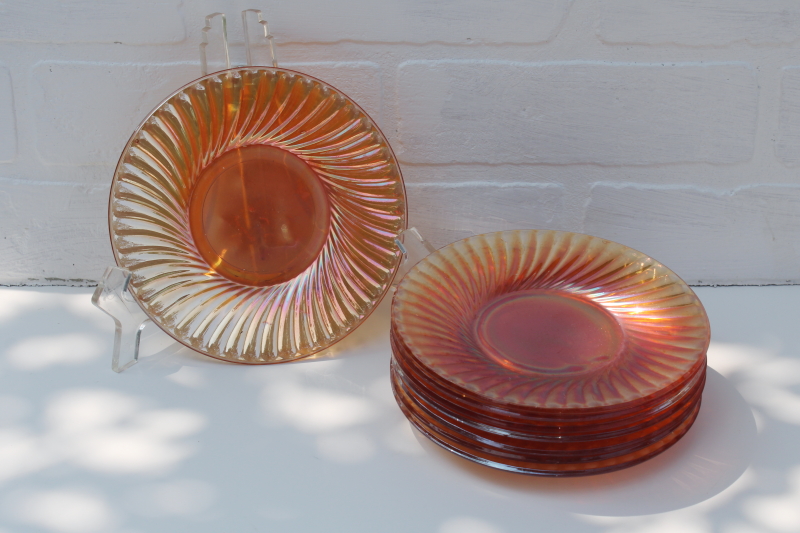 photo of 1930s vintage carnival glass, set of 8 small plates marigold iridescent luster #4