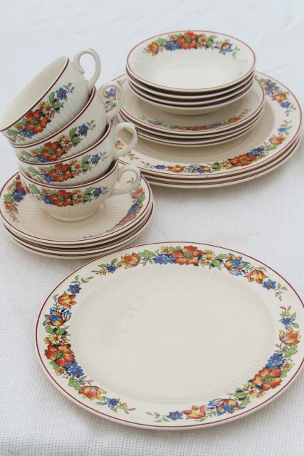 photo of 1930s vintage china dishes w/ red blue tulips flower border, farm country kitchen table ware #1