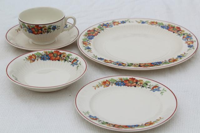 photo of 1930s vintage china dishes w/ red blue tulips flower border, farm country kitchen table ware #2