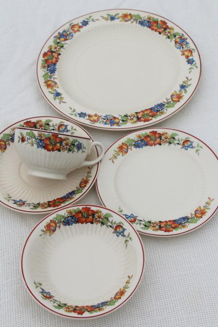 photo of 1930s vintage china dishes w/ red blue tulips flower border, farm country kitchen table ware #3