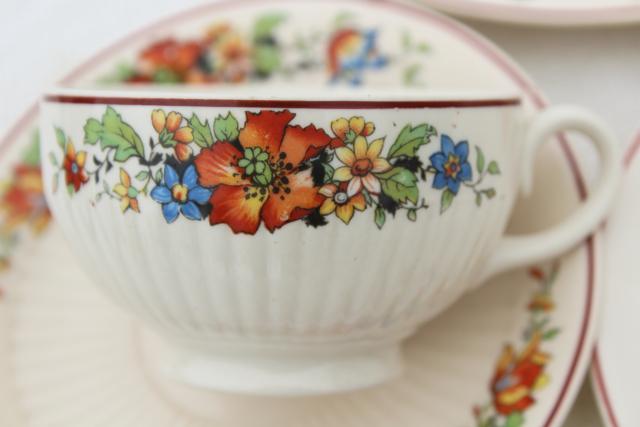 photo of 1930s vintage china dishes w/ red blue tulips flower border, farm country kitchen table ware #4