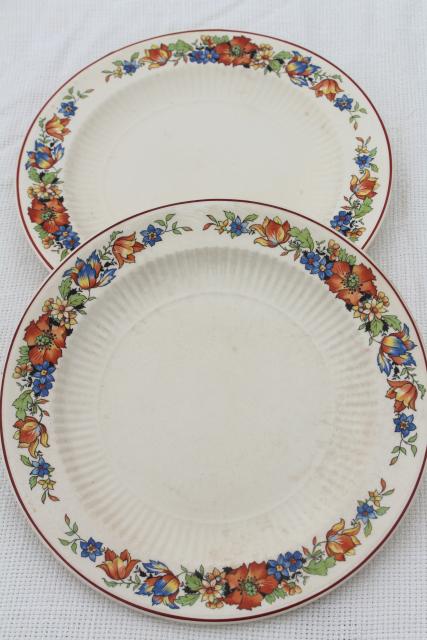 photo of 1930s vintage china dishes w/ red blue tulips flower border, farm country kitchen table ware #6