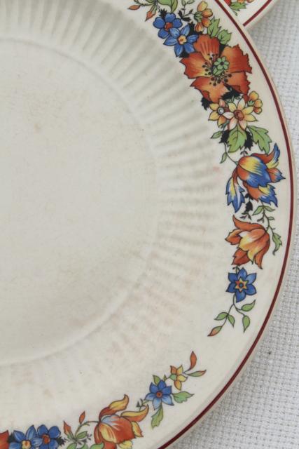 photo of 1930s vintage china dishes w/ red blue tulips flower border, farm country kitchen table ware #7