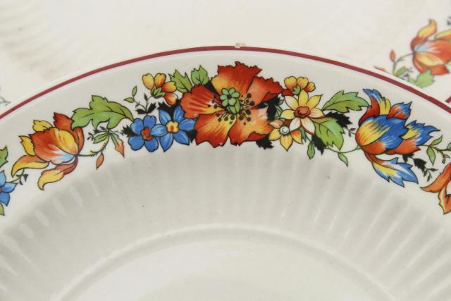 photo of 1930s vintage china dishes w/ red blue tulips flower border, farm country kitchen table ware #8