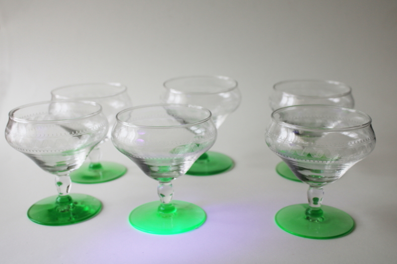 photo of 1930s vintage cocktail glasses or sherbet dishes, uranium green depression glass etched bowl #1