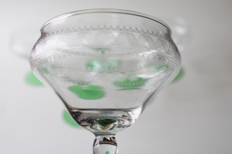 photo of 1930s vintage cocktail glasses or sherbet dishes, uranium green depression glass etched bowl #3