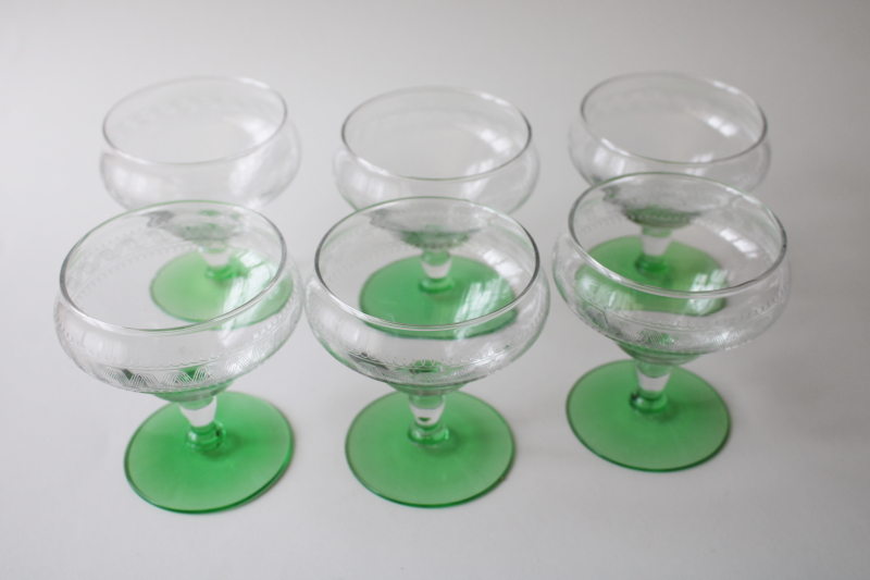 photo of 1930s vintage cocktail glasses or sherbet dishes, uranium green depression glass etched bowl #4