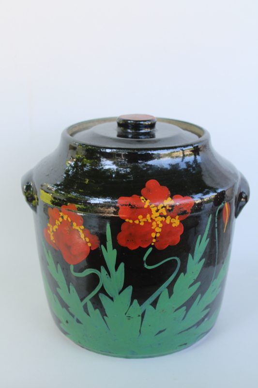 photo of 1930s vintage cookie jar, black glaze stoneware crock w/ hand painted folk art floral #1