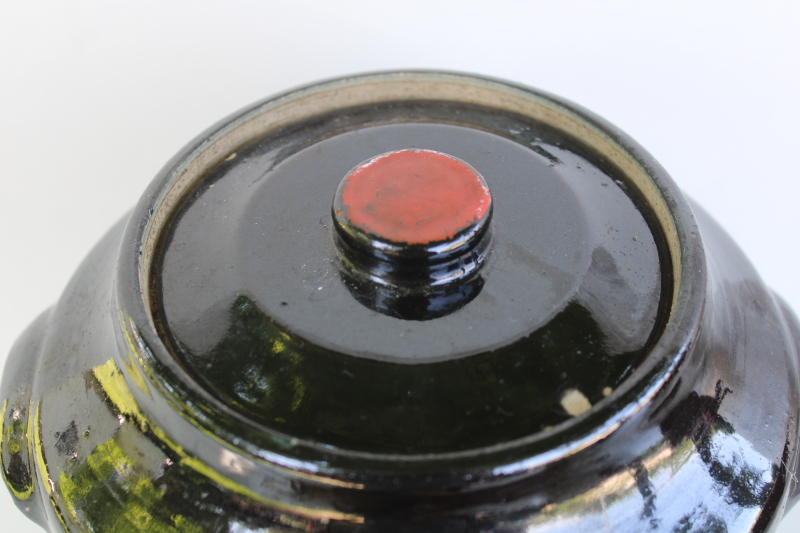 photo of 1930s vintage cookie jar, black glaze stoneware crock w/ hand painted folk art floral  #2