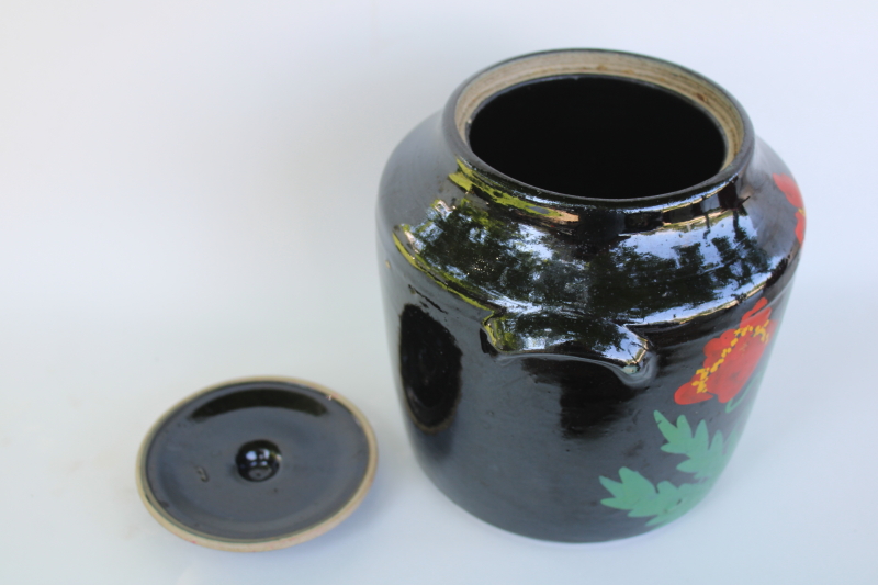 photo of 1930s vintage cookie jar, black glaze stoneware crock w/ hand painted folk art floral  #3