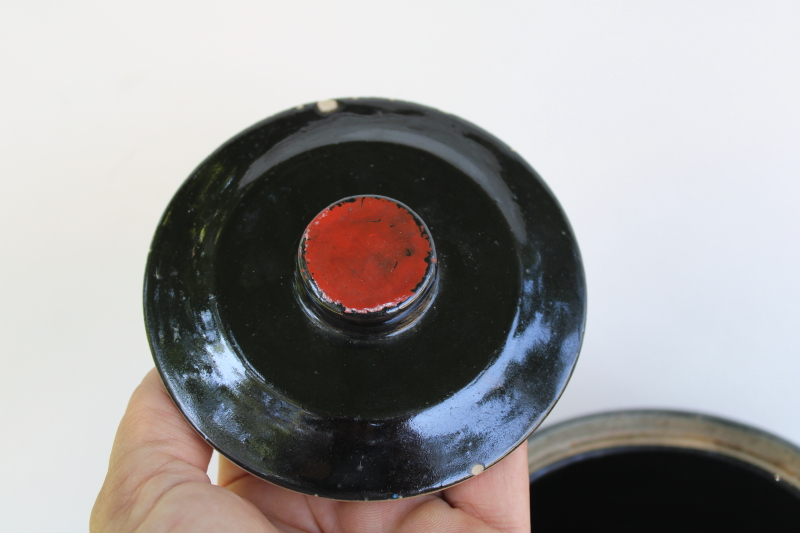 photo of 1930s vintage cookie jar, black glaze stoneware crock w/ hand painted folk art floral  #4