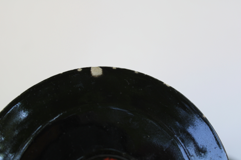 photo of 1930s vintage cookie jar, black glaze stoneware crock w/ hand painted folk art floral  #5