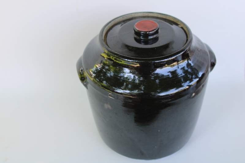 photo of 1930s vintage cookie jar, black glaze stoneware crock w/ hand painted folk art floral  #6
