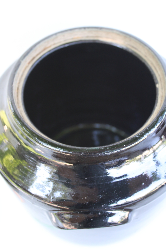 photo of 1930s vintage cookie jar, black glaze stoneware crock w/ hand painted folk art floral  #7