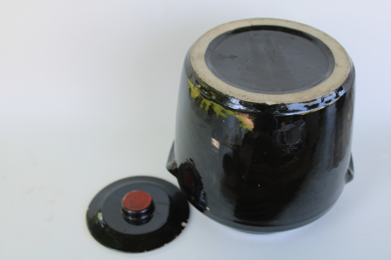 photo of 1930s vintage cookie jar, black glaze stoneware crock w/ hand painted folk art floral  #8
