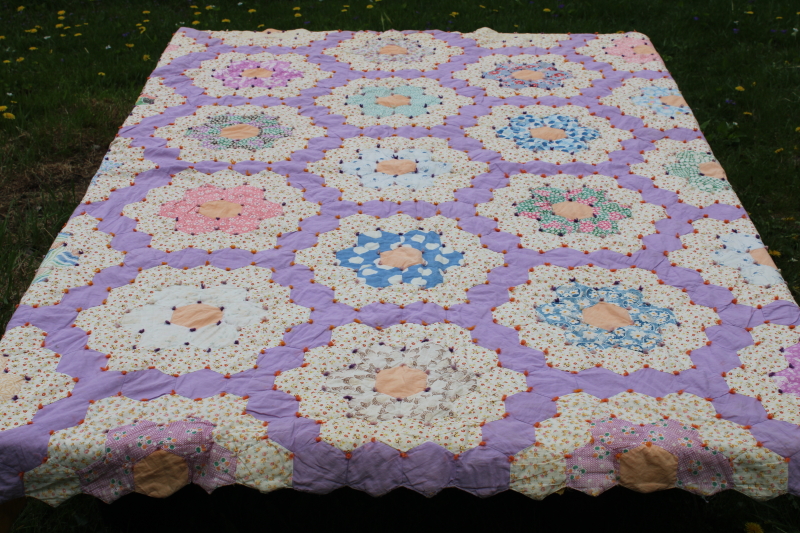 photo of 1930s vintage cotton patchwork quilt, grandma's flower garden hexies pretty prints on lavender  #1