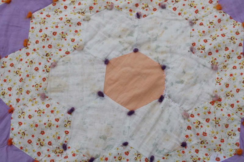 photo of 1930s vintage cotton patchwork quilt, grandma's flower garden hexies pretty prints on lavender  #9