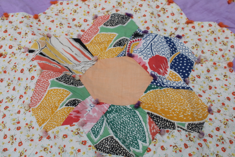 photo of 1930s vintage cotton patchwork quilt, grandma's flower garden hexies pretty prints on lavender  #11